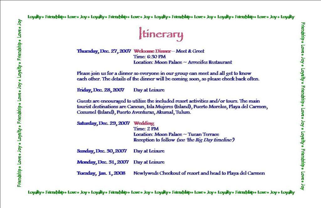 o Wedding Weekend Events Itinerary 